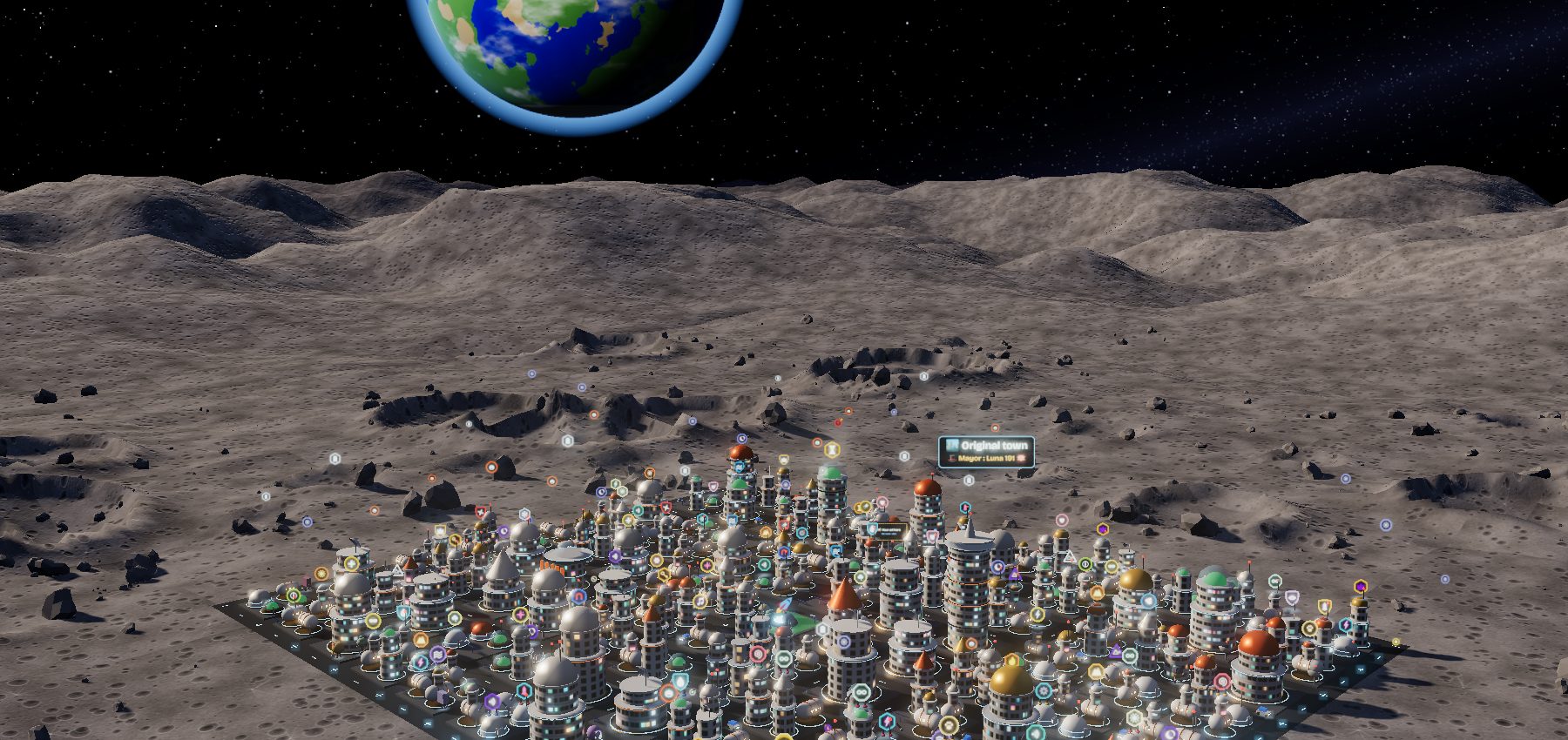 La base lunar 3D SpaceCity, con la Tierra en el cielo y parches en los techos